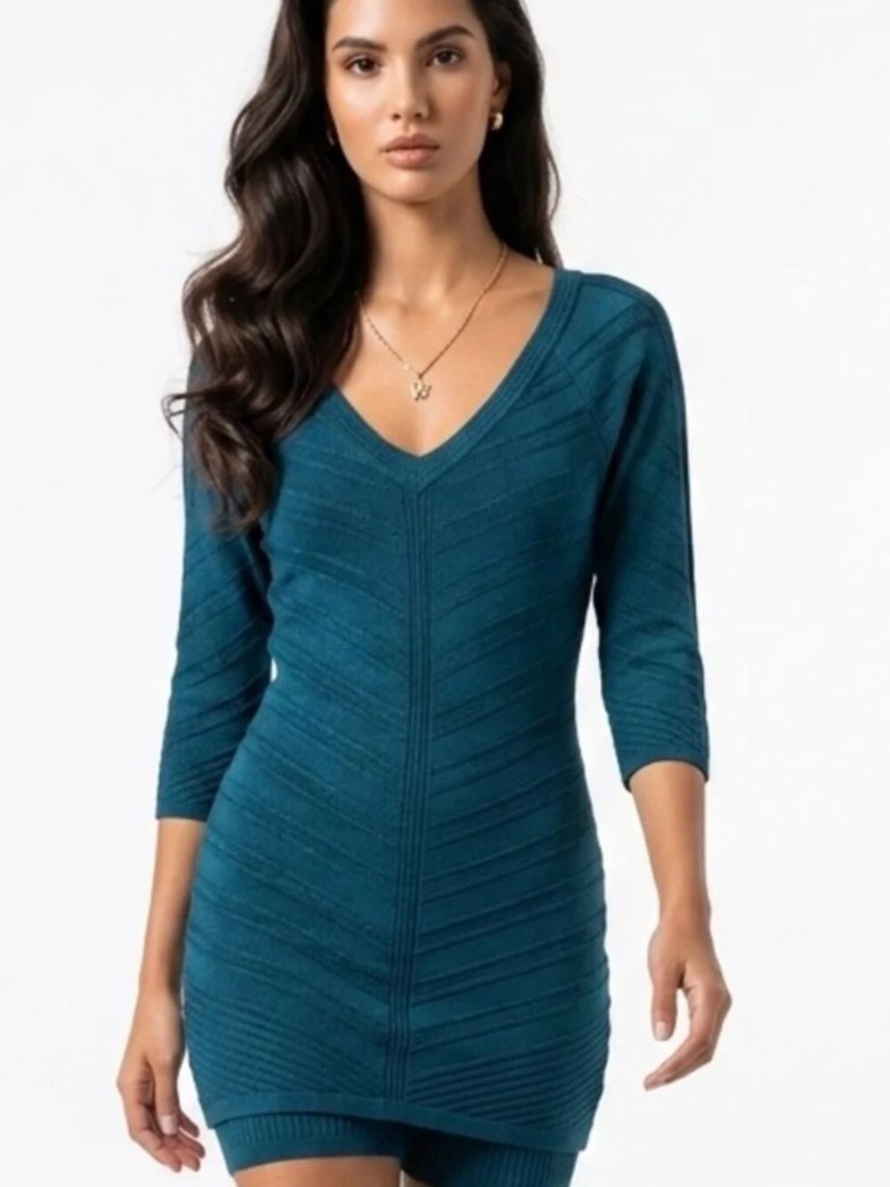 Bebe VNeck (Front & Back) Bandage Knit Mini Sweater‎ Dress, Blue Green Teal, XS